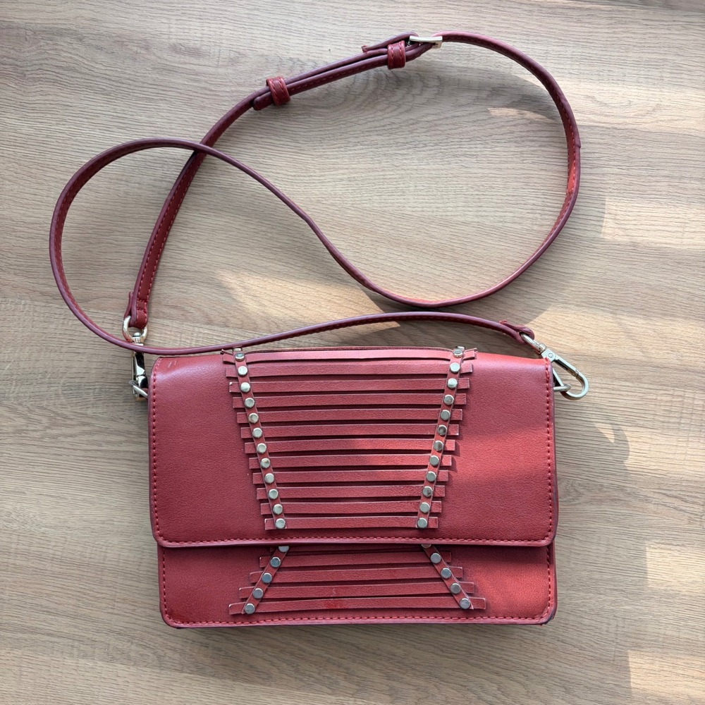 Red Faux Leather Studded Crossbody Bag Tiered Detail Leopard Lining